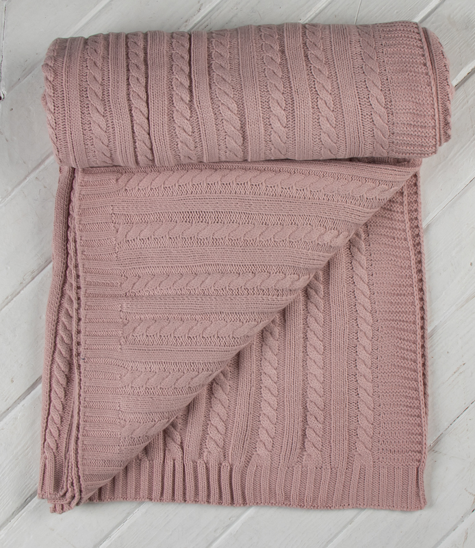 Вязаный плед косы гладь лиловая пудра 160х240 см