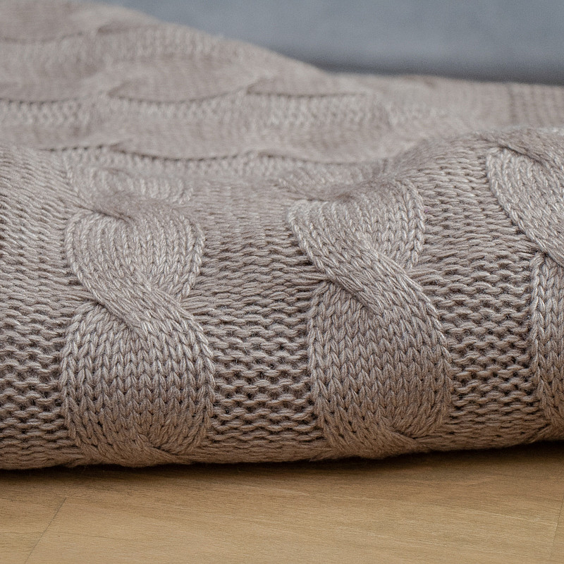 Вязаный плед в широкие косы капуччино 160х220 см