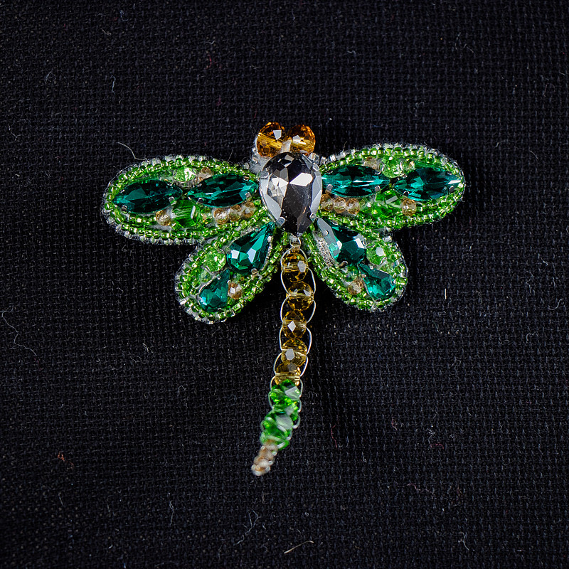 Брошь вышитая стрекоза (стразы, бисер) 7 см