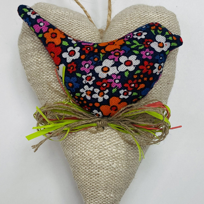 Декоративное льняное сердечко Птичка 13 см